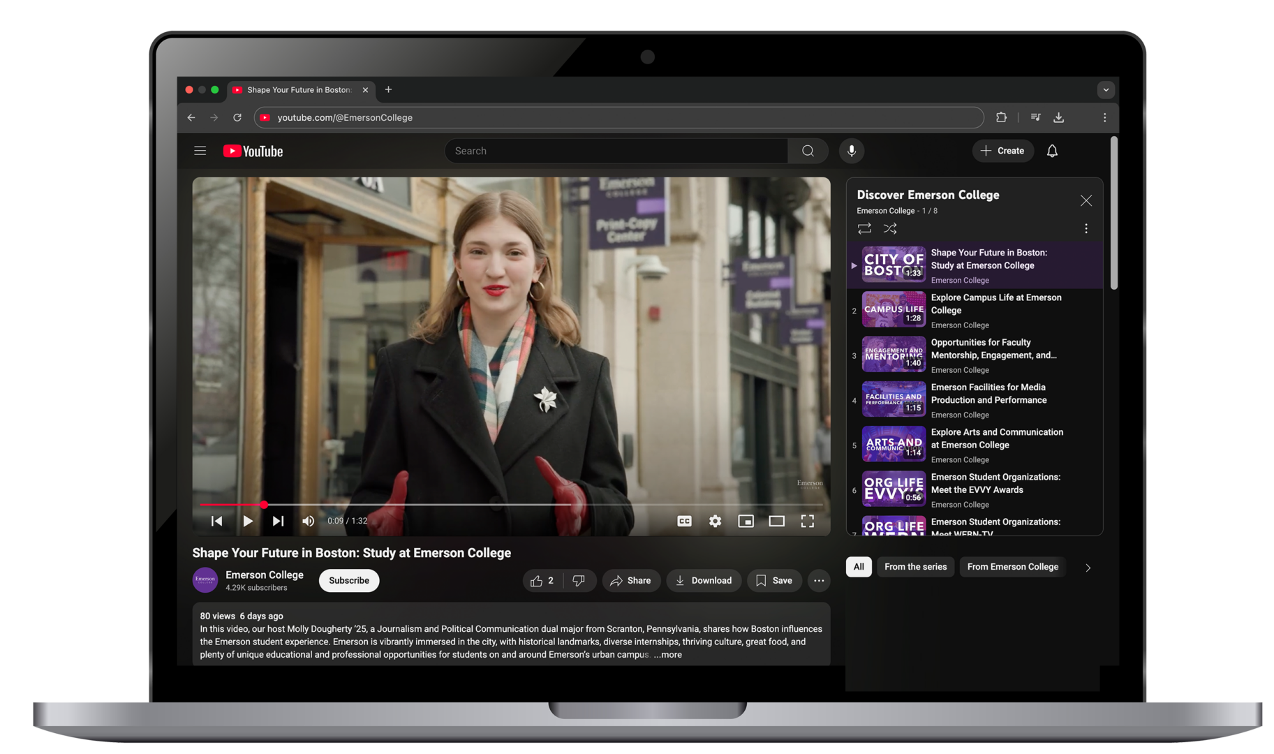 Laptop displaying Emerson College's Discover Emerson YouTube playlist